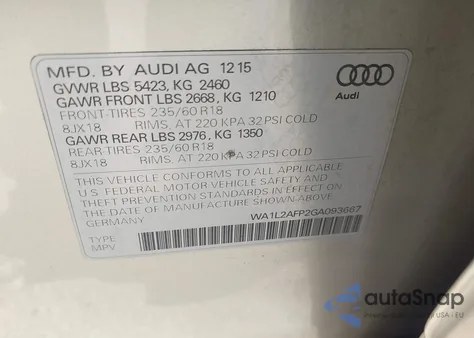 2016 Audi Q5 2.0T Premium from USA, damaged, VIN WA1L2AFP2GA093667
